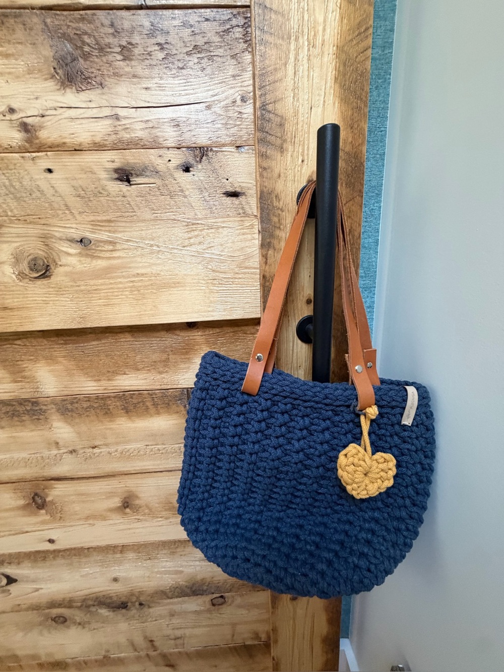 Navy Crochet Tote with Tan Leather Straps and Mustard Heart Accent